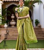 Lime woven design linen blend chanderi saree