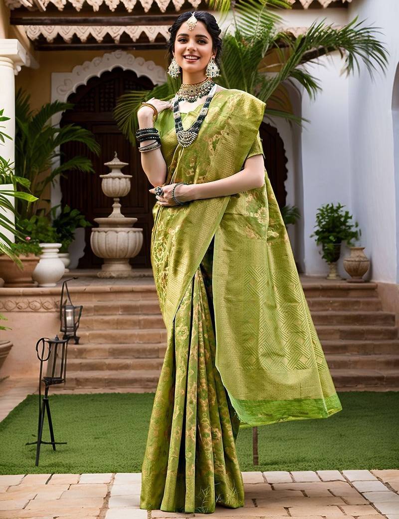 Lime woven design linen blend chanderi saree