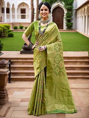 Lime woven design linen blend chanderi saree 2