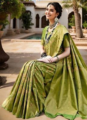 Lime woven design linen blend chanderi saree 3