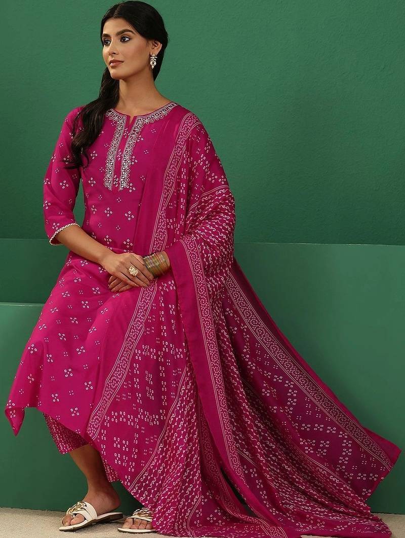 women ethnic motifs printed regular thread work kurta with palazzos & with dupatta
