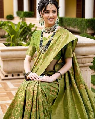Lime woven design linen blend chanderi saree 4