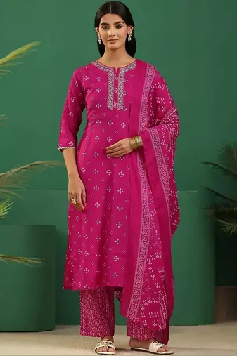 women ethnic motifs printed regular thread work kurta with palazzos & with dupatta