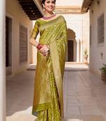 Lime striped banarasi saree