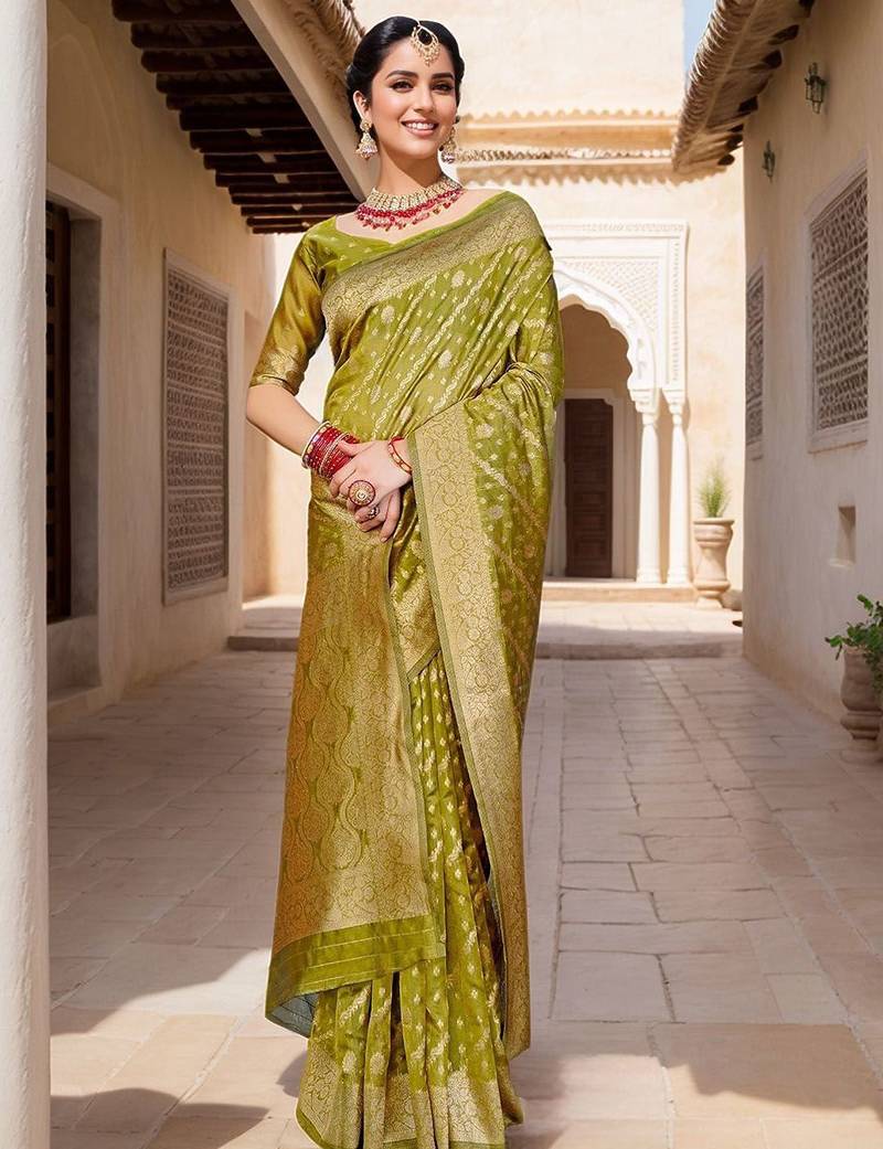 Lime striped banarasi saree