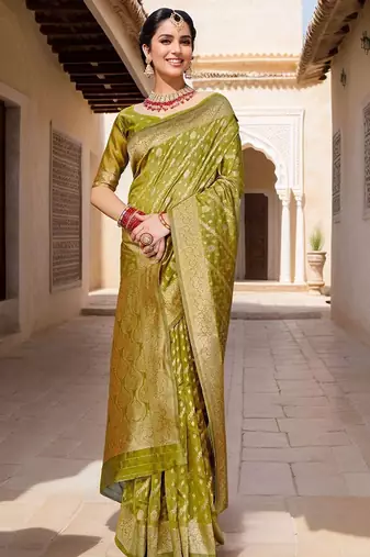 Lime striped banarasi saree