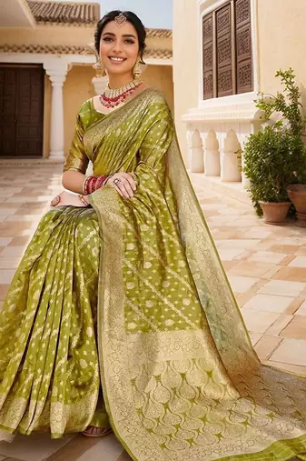 Lime striped banarasi saree