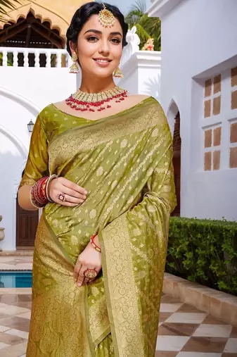 Lime striped banarasi saree