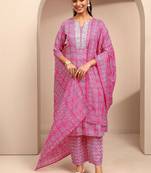 women ethnic motifs printed regular thread work kurta with trousers & with dupatta