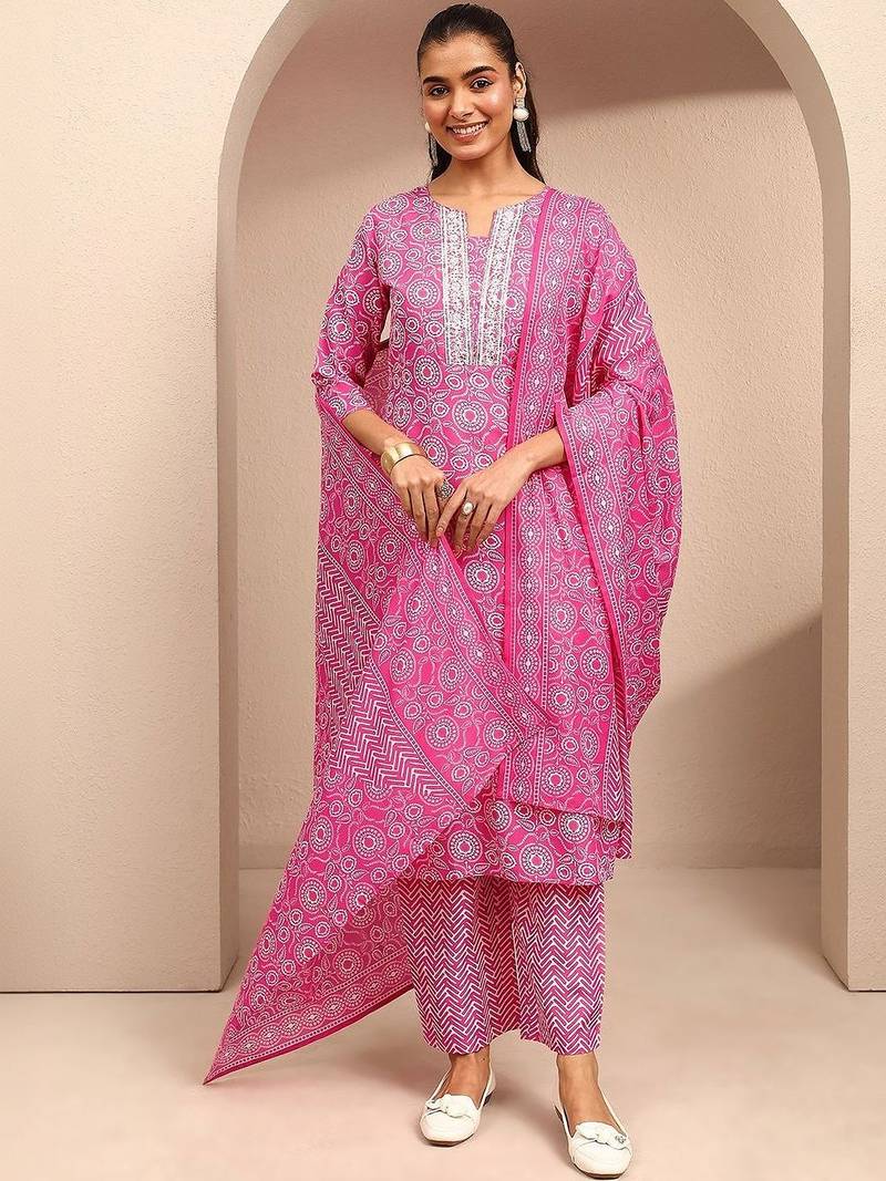 women ethnic motifs printed regular thread work kurta with trousers & with dupatta