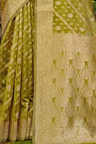 Lime striped banarasi saree