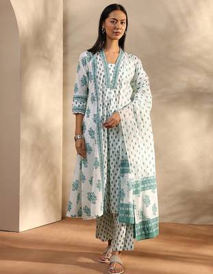 white floral printed cotton a-line suit set with dupatta 1