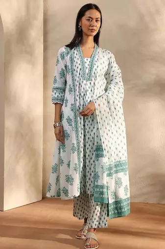 white floral printed cotton a-line suit set with dupatta