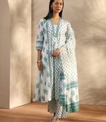 white floral printed cotton a-line suit set with dupatta