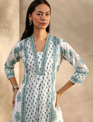 white floral printed cotton a-line suit set with dupatta 2