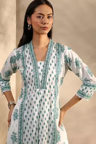 white floral printed cotton a-line suit set with dupatta