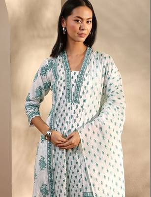 white floral printed cotton a-line suit set with dupatta 3
