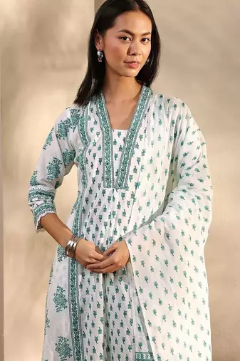 white floral printed cotton a-line suit set with dupatta