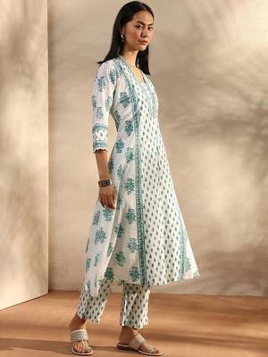 white floral printed cotton a-line suit set with dupatta 4