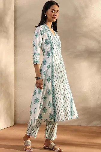 white floral printed cotton a-line suit set with dupatta
