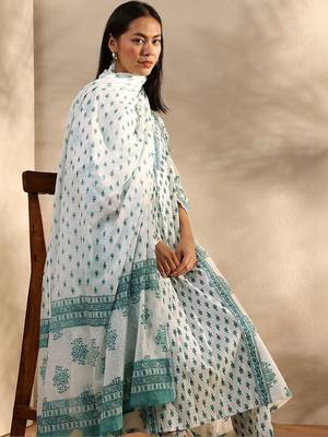 white floral printed cotton a-line suit set with dupatta 5