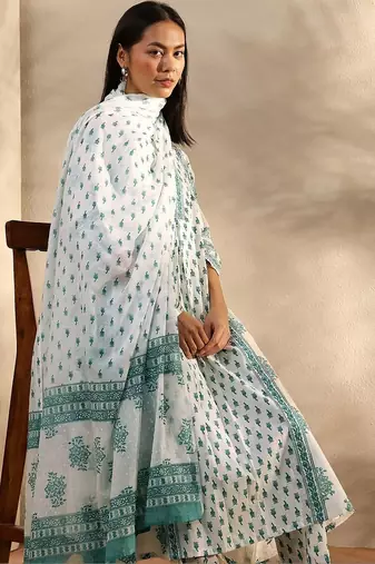 white floral printed cotton a-line suit set with dupatta