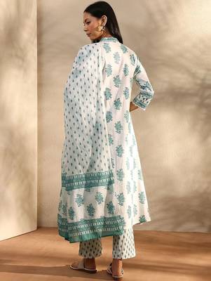 white floral printed cotton a-line suit set with dupatta 7