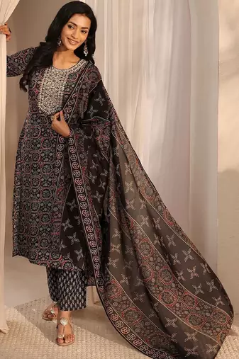 libas black ajrak printed straight suit set with dupatta