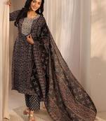 libas black ajrak printed straight suit set with dupatta