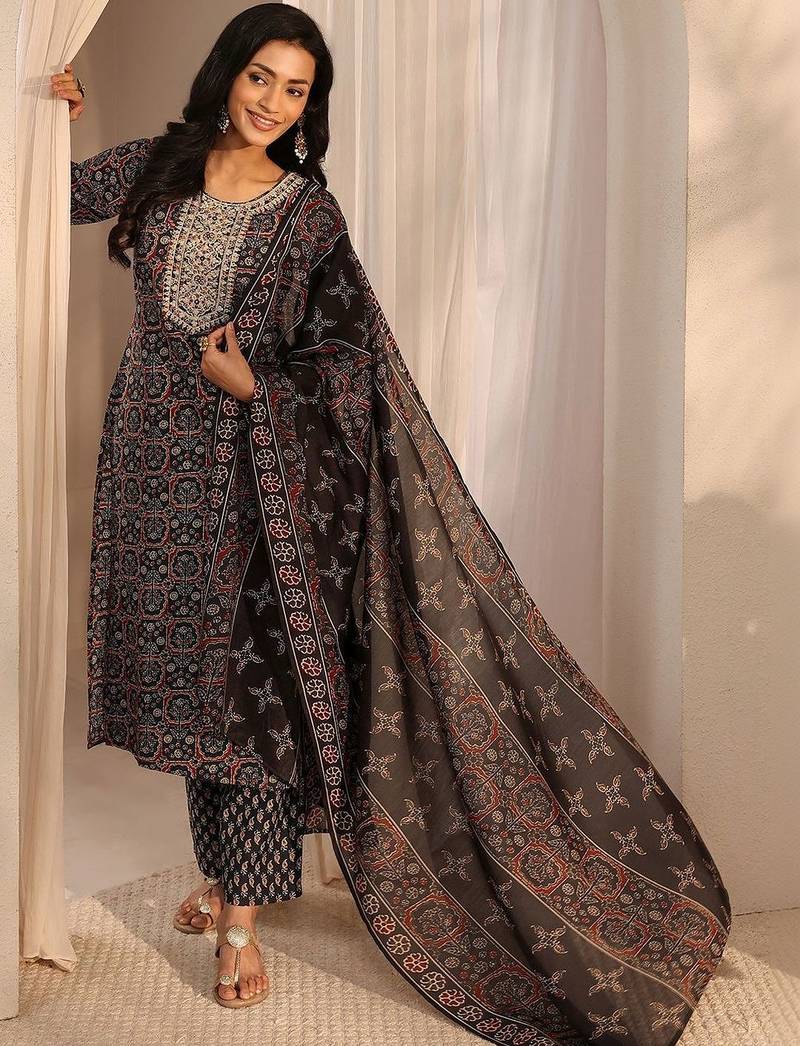 libas black ajrak printed straight suit set with dupatta