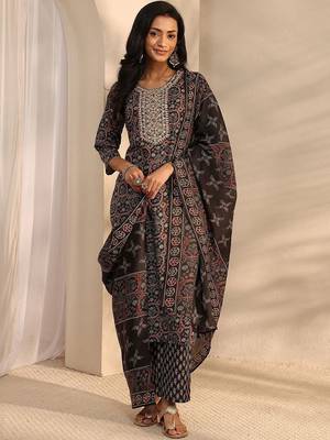 libas black ajrak printed straight suit set with dupatta 2
