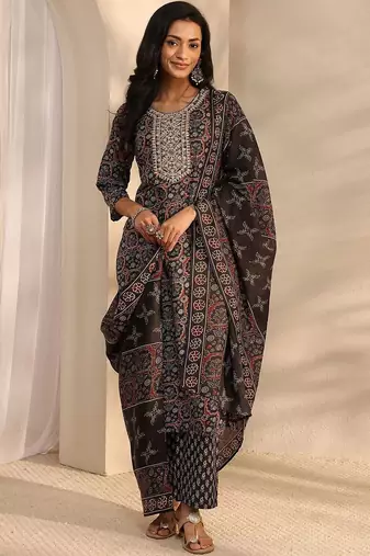 libas black ajrak printed straight suit set with dupatta