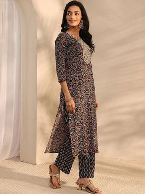 libas black ajrak printed straight suit set with dupatta 3