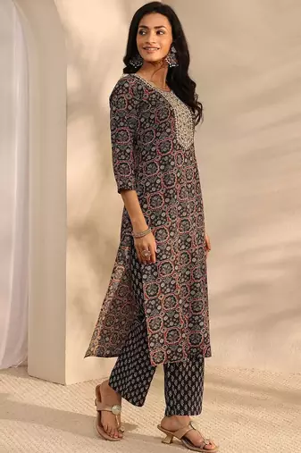 libas black ajrak printed straight suit set with dupatta