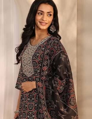 libas black ajrak printed straight suit set with dupatta 4