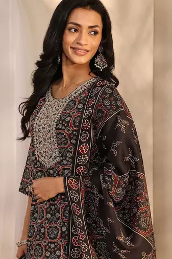libas black ajrak printed straight suit set with dupatta