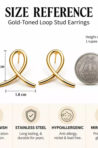 Gold-tone ribbon loop stud earrings, anti-tarnish jewellery