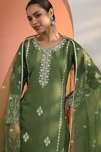 floral embroidered straight kurta with trousers & dupatta