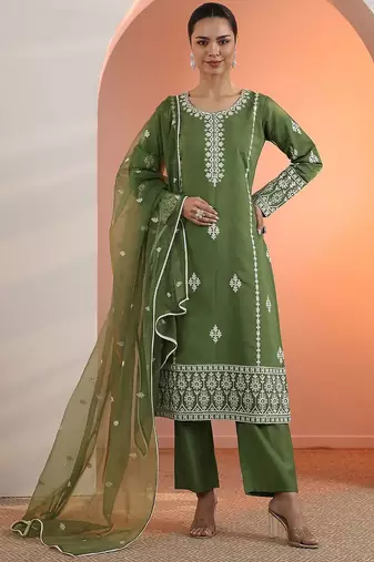floral embroidered straight kurta with trousers & dupatta