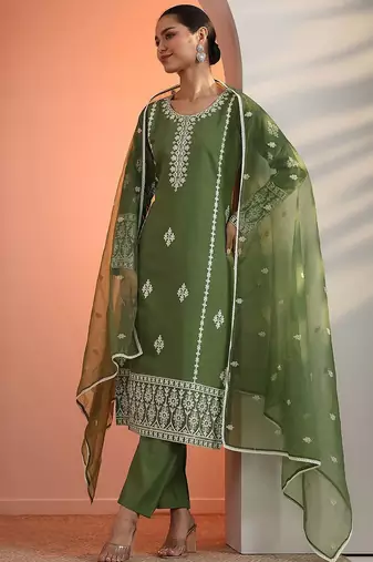 floral embroidered straight kurta with trousers & dupatta