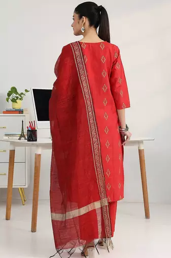 women ethnic motifs printed regular kurta with trousers & with dupatta