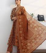 libas rust floral printed a-line suit set with dupatta