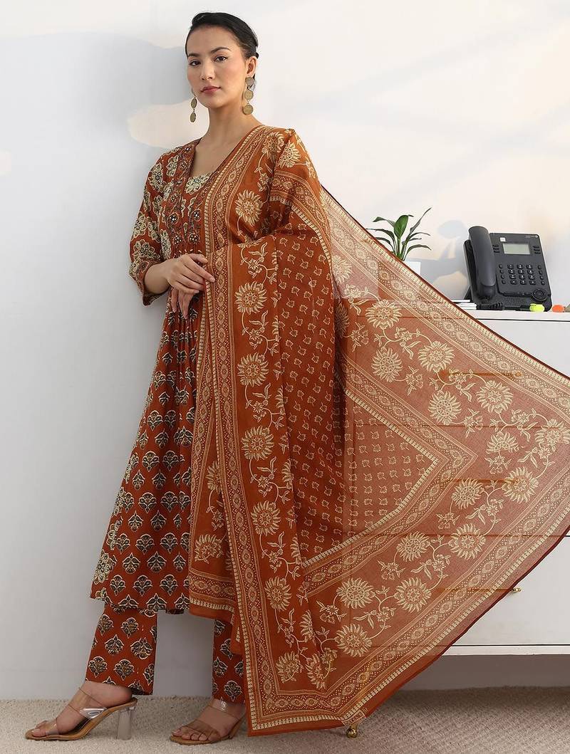 libas rust floral printed a-line suit set with dupatta