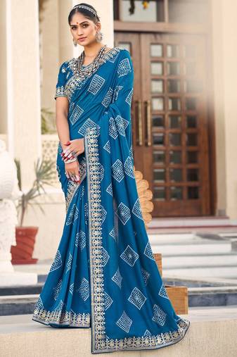 Blue bandhani embroidered silk blend saree