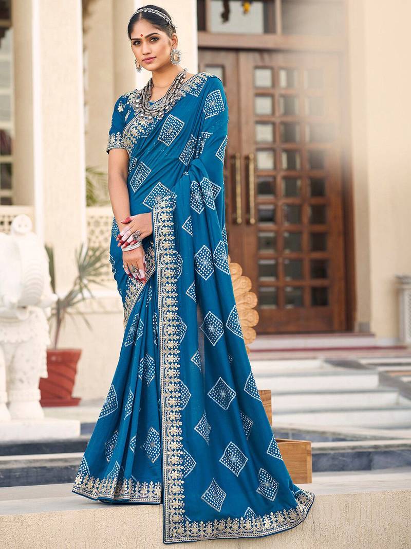 Blue bandhani embroidered silk blend saree