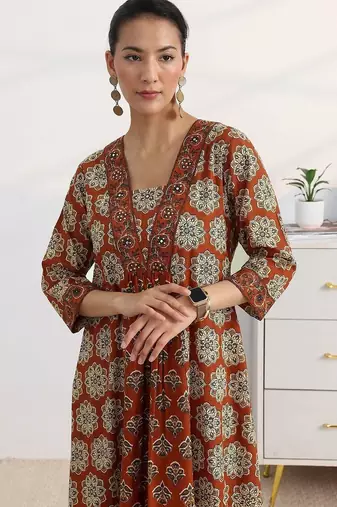 libas rust floral printed a-line suit set with dupatta