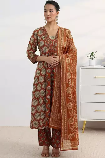 libas rust floral printed a-line suit set with dupatta