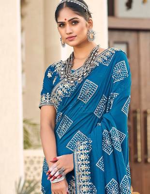 Blue bandhani embroidered silk blend saree 2
