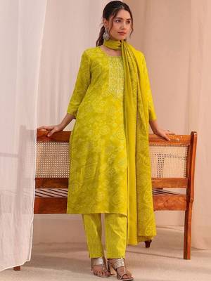 women bandhani printed regular thread work kurta with trousers & with dupatta 1