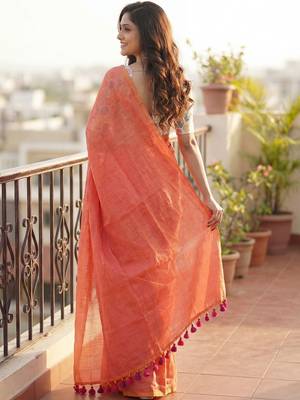 Peach woven design  cotton khadi saree 2